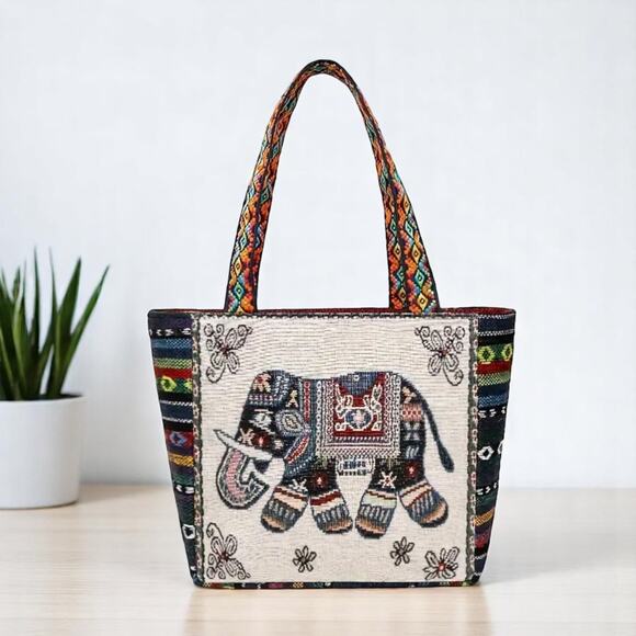 Elephant Embroidered Cream Tote Bag Jacquard Fabric Boho NWT - Picture 14 of 14
